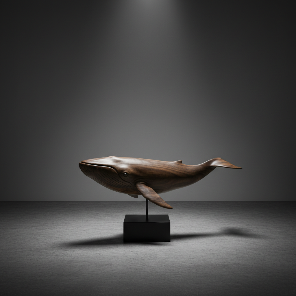 A single, elegant Tasmanian timber sculpture of a stylized whale, carved from a single piece of figured blackwood, its surface satin-smooth with subtle ripples in the grain. The whale rests on a low, matte black plinth in a minimalist studio space with concrete floors and a muted grey backdrop. A focused overhead spotlight and faint ambient fill lighting create a cinematic contrast, outlining the whale’s silhouette and casting a precise, elongated shadow. Framed using the rule of thirds from a slightly low angle, the sculpture dominates the scene while negative space enhances its presence. The mood is contemplative and refined, evoking the feeling of a modern art museum with a natural, organic heart.