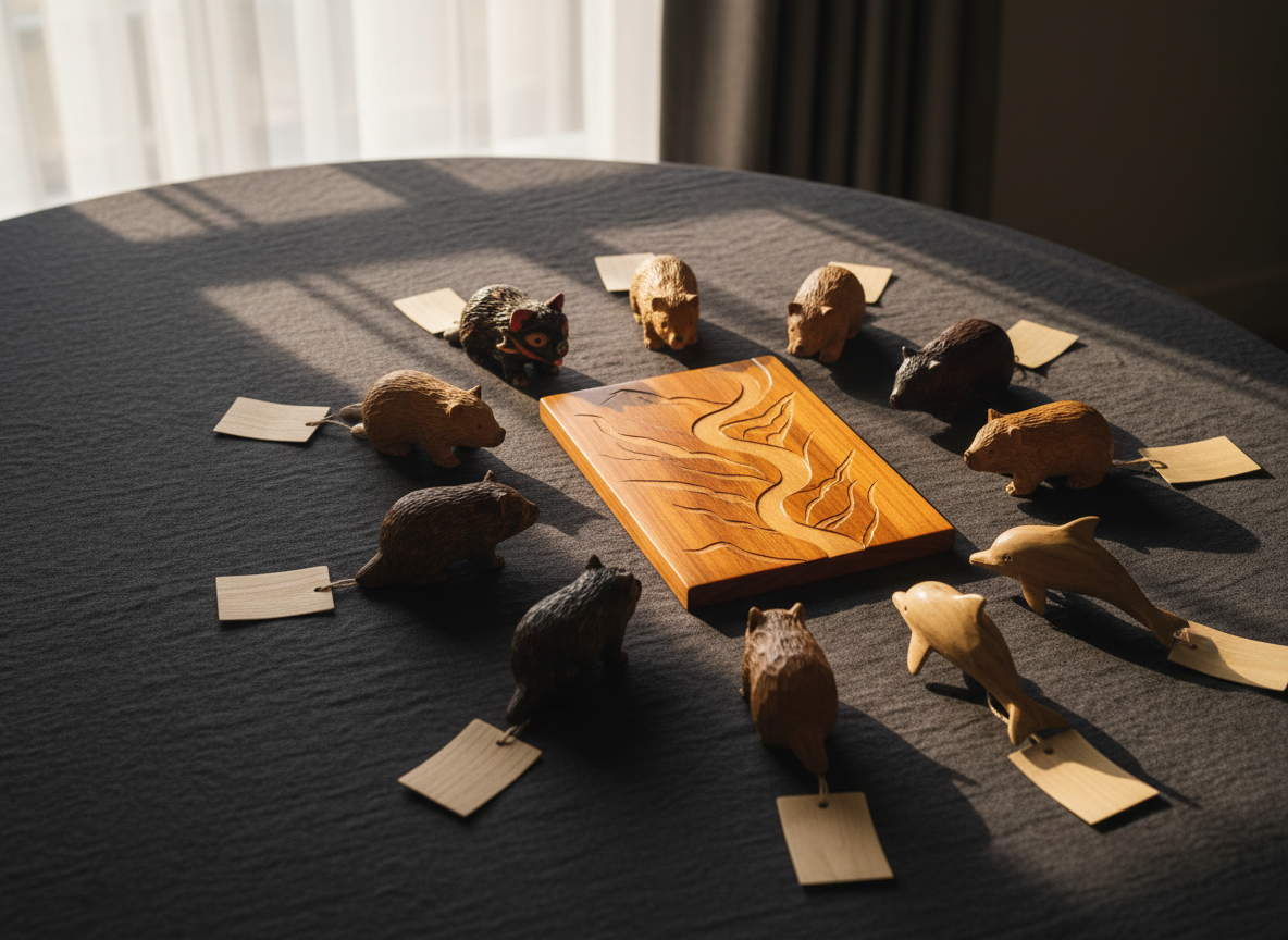 A cinematic overhead view of a dark, linen-covered table set as a storytelling display of Tasmanian wooden animals and meaningful timber art. A ring of small carved animals—devils, wombats, and dolphins—surrounds a central, finely polished huon pine panel engraved with an abstract river and mountain motif. Small tags made of thin timber slivers sit beside each piece, blank but carefully arranged. Soft, diffused morning light from a high window washes across the tableau, creating gentle gradients of shadow that emphasize relief and grain. The composition uses balanced asymmetry, with negative space along one edge hinting at room for new creations. The mood is thoughtful, refined, and quietly celebratory of place, perfectly suited to a sophisticated craft brand.