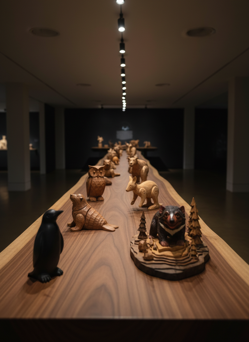 An atmospheric image of a long, narrow timber display table made from a single slab of Tasmanian blackwood, its live edges preserved and lightly polished, running diagonally across the frame. On it, a curated progression of wooden animals increases in size and complexity from front to back, beginning with a tiny, smooth penguin and culminating in an intricate, layered carving of a Tasmanian devil landscape scene. Cinematic track lighting from above creates pools of warm illumination along the sequence, leaving the surrounding gallery space in soft shadow. Shot from a low angle along the table’s edge, with the nearest animal in sharp focus and the rest falling into a gentle blur, the mood is sophisticated, narrative, and exhibition-like, evoking a journey through skill and imagination.