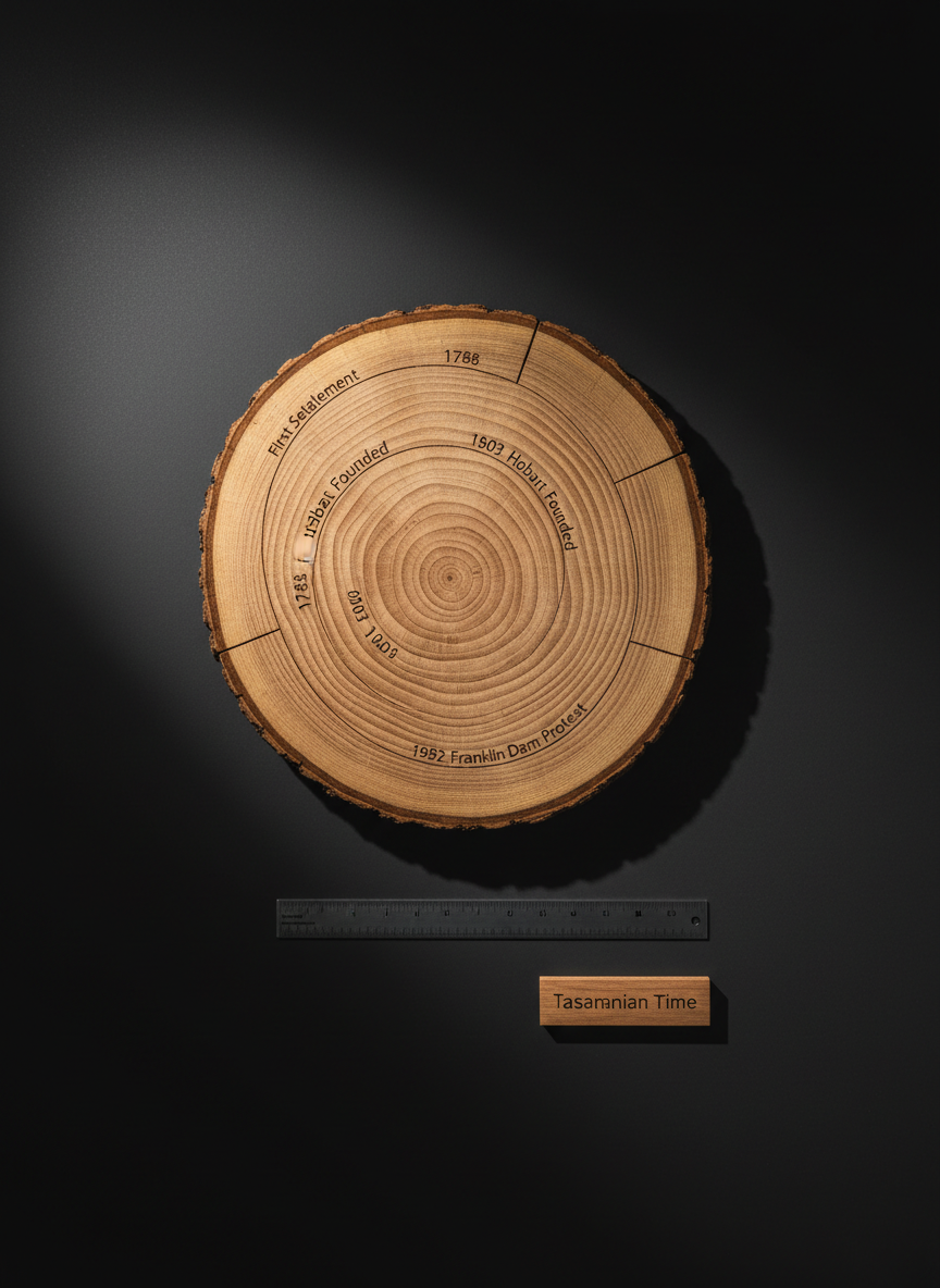 A dramatic close-up of a huon pine tree cross-section slice used as an educational piece, its concentric growth rings sharply defined and silky to the touch, laid flat on a matte charcoal background. Fine engraved markings along the rings discreetly indicate significant Tasmanian dates, blending art and storytelling. A slim, graphite-grey ruler and a small, engraved timber plaque labeled “Tasmanian Time” rest nearby. A single, narrow beam of warm spotlight cuts across the slice from the upper left, accentuating the golden tone and depth of the grain while the rest of the scene falls into velvety darkness. Captured from directly above with crisp focus and strong contrast, the mood is contemplative, intellectual, and museum-quality, highlighting the history and meaning held in local timber.