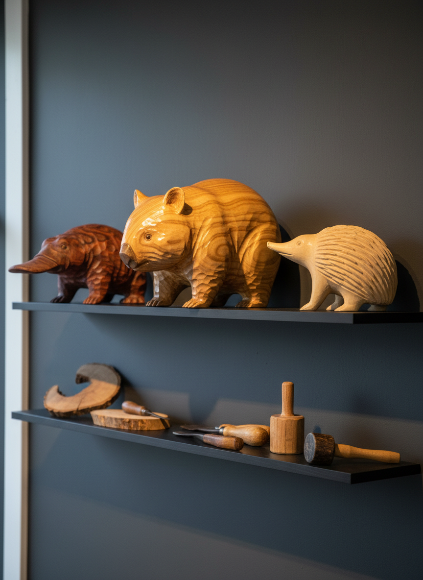A meticulously carved Tasmanian timber wall display of native animals, featuring a polished huon pine wombat, a richly grained myrtle platypus, and a smooth, pale sassafras echidna arranged in a subtle arc on a dark charcoal wall. Below, a simple blackwood shelf holds a few carefully placed timber offcuts and carving tools. Cinematic, soft side lighting from an unseen window grazes the wood surfaces, drawing out the grain and casting refined shadows. Shot at eye level with a shallow depth of field, the foreground animals in crisp focus and the rest gently blurred. The atmosphere is sophisticated and gallery-like, with a photographic realism that feels calm, intentional, and artisanal.