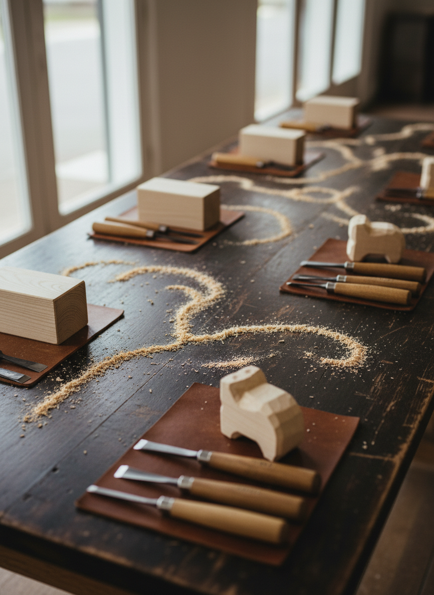 A richly textured scene of a rustic, dark-stained Tasmanian oak table set up for a community woodcarving workshop, but without any people present. A neat semicircle of carving stations is arranged: each features a small blank block of local timber, a set of finely honed chisels, and a half-finished animal form showing basic contours. Light, powdery sawdust is scattered in deliberate, elegant patterns. Soft, overcast daylight streams in from tall unseen windows, giving the space an even, cinematic glow with gentle shadows under tools and timber blocks. Shot from a slightly elevated, wide angle, the foreground station is in clear focus while the others recede into a subtle blur. The mood is welcoming, thoughtful, and community-oriented, yet retains a clean, sophisticated aesthetic.