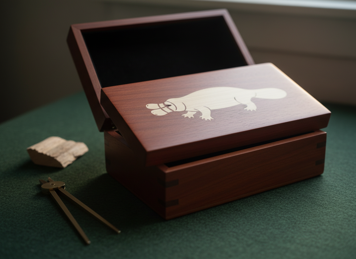 A refined, cinematic scene of a custom-order wooden keepsake box crafted from Tasmanian myrtle, its lid inlaid with a minimalist silhouette of a platypus in contrasting pale sassafras. The box rests slightly open on a deep green felt surface, revealing a velvety dark interior. Nearby, slender calipers and a small offcut of huon pine suggest recent design work. Soft, directional window light enters from the right, creating a luminous edge along the box lid and subtle reflections in the inlay, while the background fades into a smooth, charcoal blur. Captured at a low, three-quarter angle with shallow depth of field, the mood is intimate, luxurious, and bespoke, emphasizing fine craftsmanship and the promise of meaningful, personal commissions.