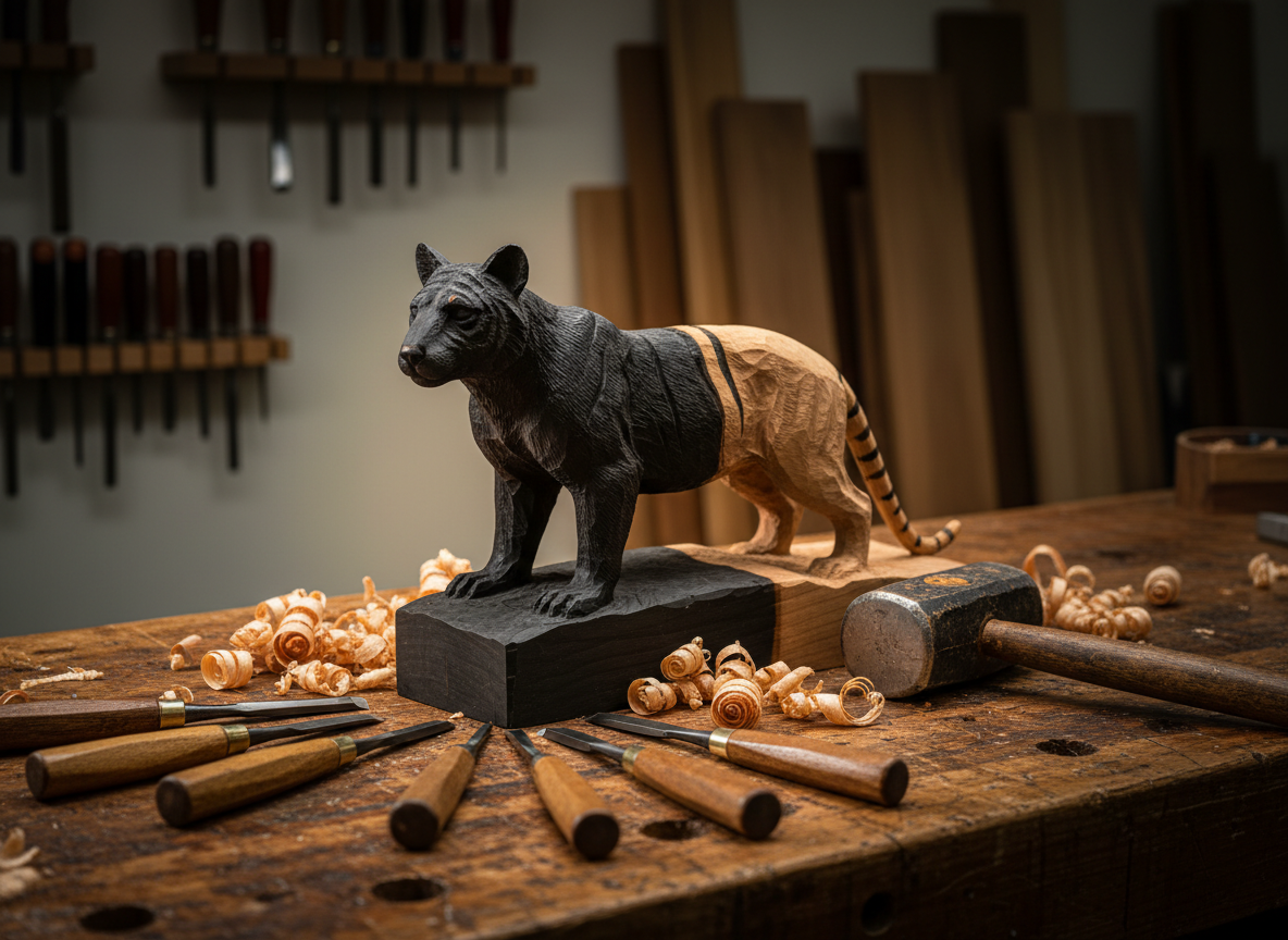 An orderly workshop bench scene showing a partially carved Tasmanian tiger (thylacine) figure emerging from a block of raw blackwood, its form crisply defined at the head and shoulders while the tail remains rough and unshaped. Around it lie finely arranged chisels, a mallet with a worn timber handle, and curly wood shavings in honey and amber tones. The bench surface is scarred, oiled hardwood, set against a soft, out-of-focus backdrop of tool racks and neatly stacked Tasmanian timber boards. Diffused overhead workshop lighting with a narrow beam of warm side light creates a cinematic, focused area around the carving, enhancing depth and texture. Shot from a three-quarter angle, the atmosphere is quietly industrious, precise, and reverent toward the material.